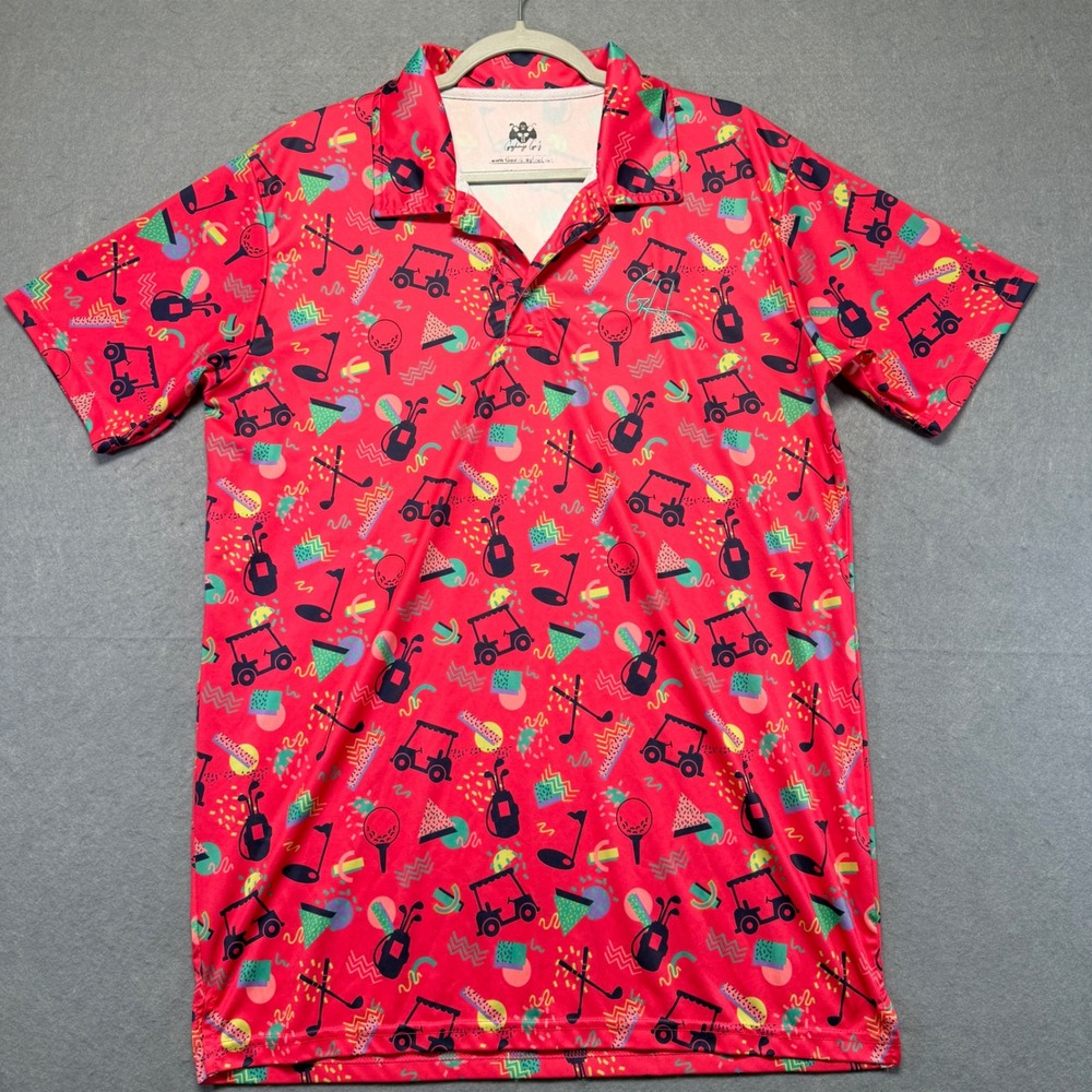 Gashouse Golf Mens Retro Memphis Print Performance Polo Shirt Red Multi‎ Large